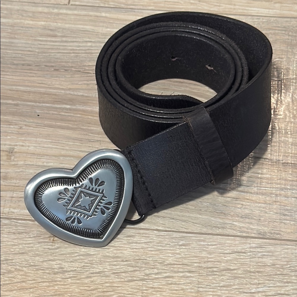 Free People Black Leather Belt with Heart Buckle